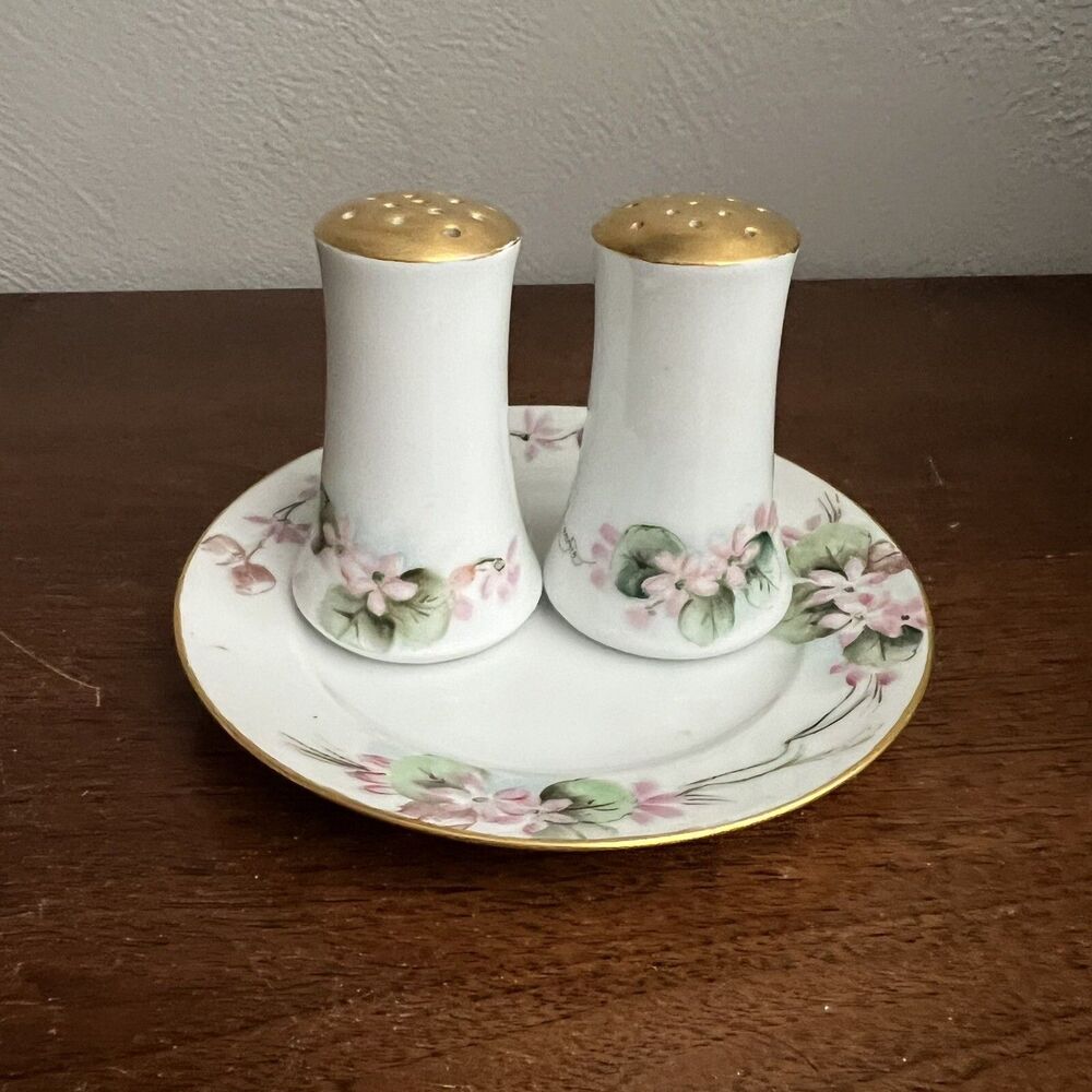 O & EG Royal Austria Salt Pepper Shakers Hand Painted Signed Pink Floral F